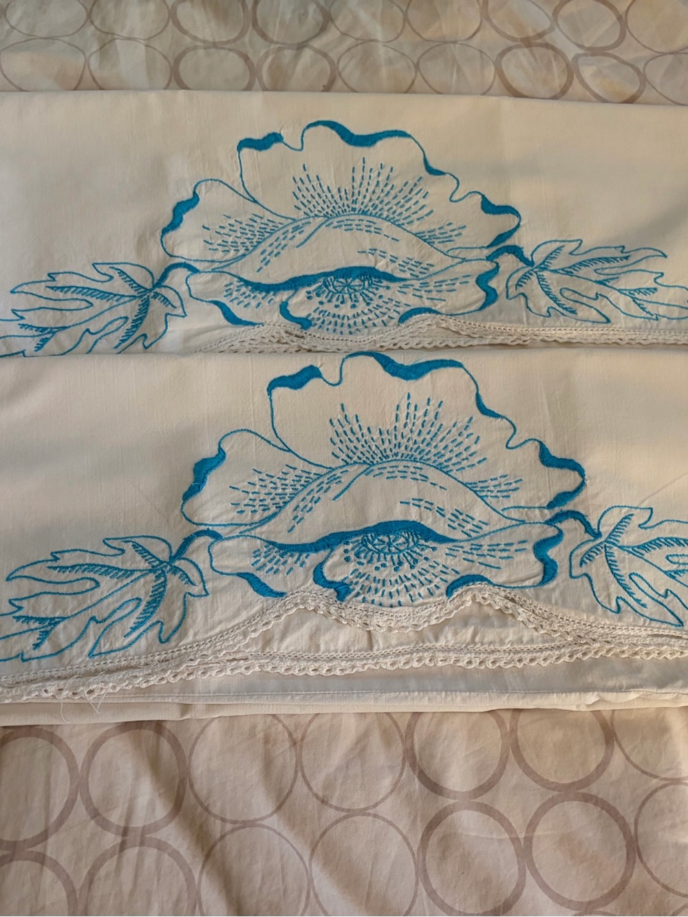 Elegant Blue Floral Embroidered Pillowcases.  Set of 2. Home Bedding.